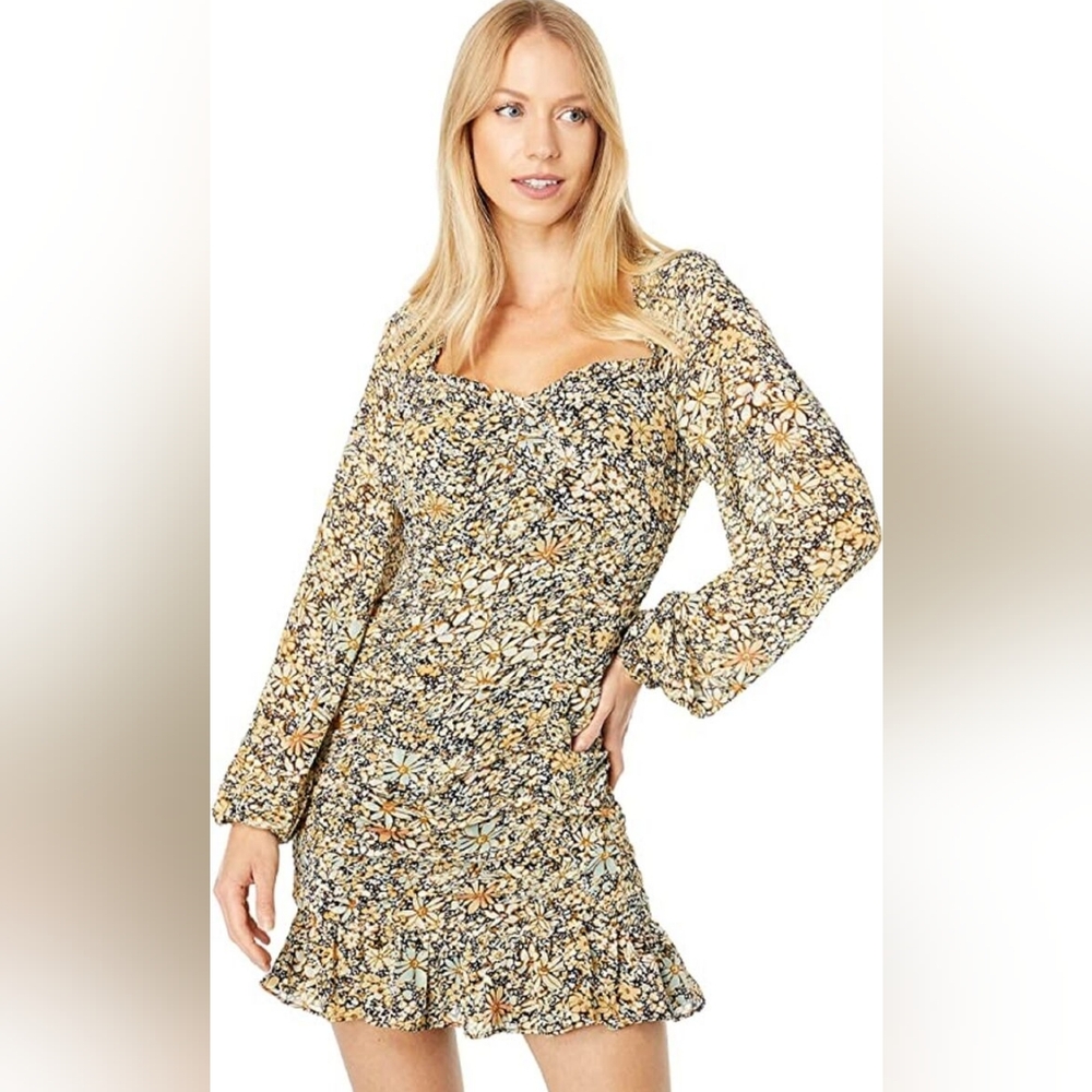 Astr The Label Women's Marcella Long Sleeve‎ Ruched Dress Yellow Floral Size S